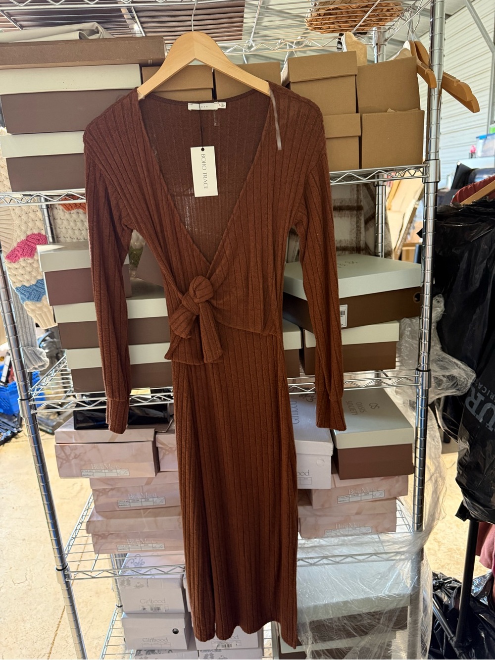 Lush Brown Ribbed Long-Sleeve Tie-Front Knit Dress